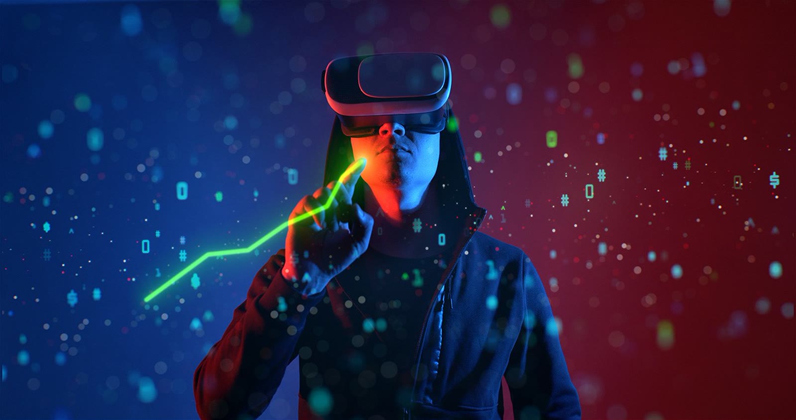 Person wearing a virtual reality headset against a bright background.